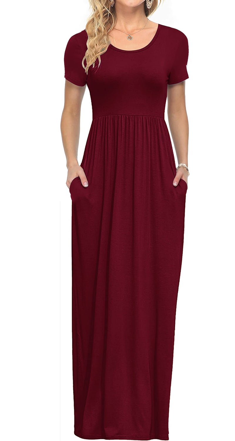 AUSELILY Women's Short Sleeve Loose Plain Casual Long Maxi Dresses for Women 2026 Wine Red XL - Image 1